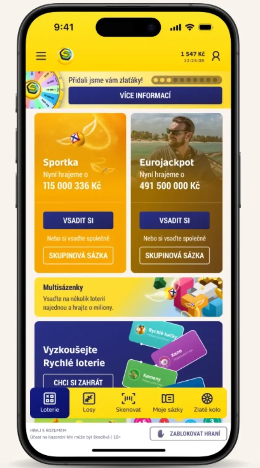 Mobilní aplikace pro sázení – Sportka, Eurojackpot, multisázky a rychlé loterie Mobilní aplikace loterií – nabídka Sportka a Eurojackpot s aktuálními jackpoty, multisázky a rychlé loterie