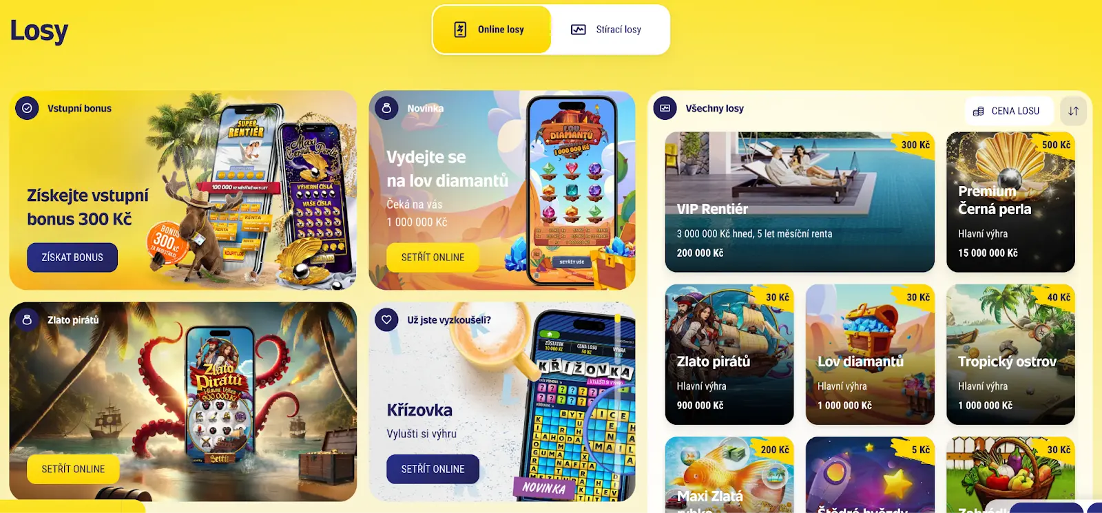 Online a stírací losy – bonusy a hlavní výhry až 15 milionů Kč Nabídka online a stíracích losů – vstupní bonus 300 Kč