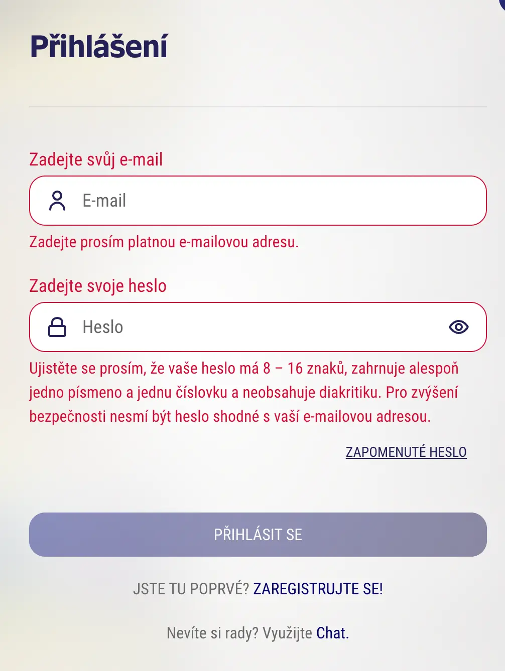 Přihlášení do účtu – zadejte e-mail a heslo Přihlašovací formulář – pole pro e-mail a heslo, možnost obnovení hesla a odkaz na registraci nového účtu