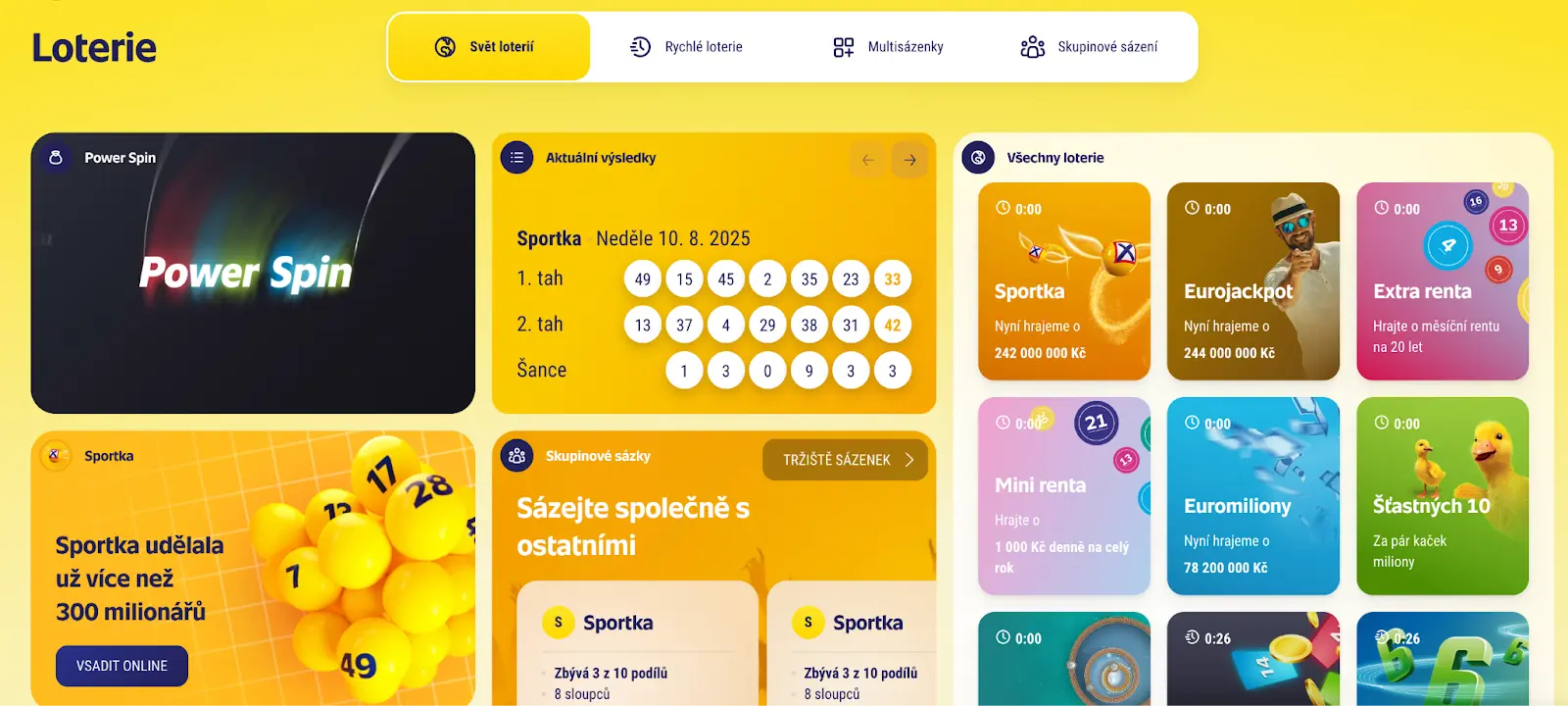 Online loterie – Sportka, Eurojackpot, Power Spin a další hry Přehled loterií – Power Spin, Sportka, Eurojackpot, Extra renta, Mini renta, Euromiliony, Šťastných 10 a další, aktuální výsledky a možnost sázení online
