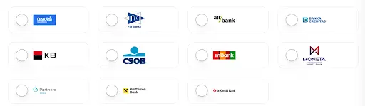 Výběr české banky pro ověření účtu Loga českých bank pro ověření účtu – Česká spořitelna, Fio banka, Air Bank, Banka Creditas, Komerční banka, ČSOB, mBank, Moneta Money Bank, Partners Banka, Raiffeisen Bank, UniCredit Bank
