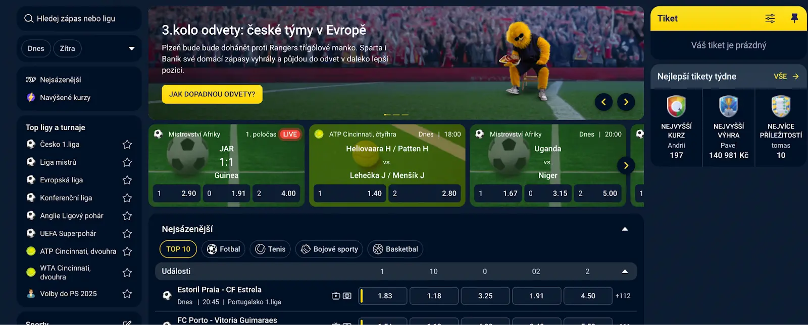 Sportovní online – aktuální kurzy, výsledky a top tikety Online platforma – nabídka sportovních sázek, živé výsledky, nejvyšší tikety týdne a kurzy na fotbal, tenis a další sporty